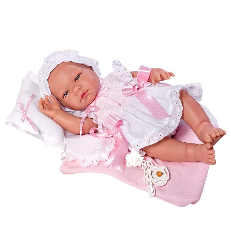 Muñeca Así 43 cm - María con vestido blanco de punto rosa con almohada