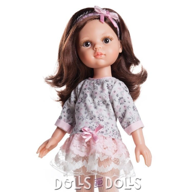 Muñeca Paola Reina 32 cm - Las Amigas - Carol con vestido rosa-gris con flores