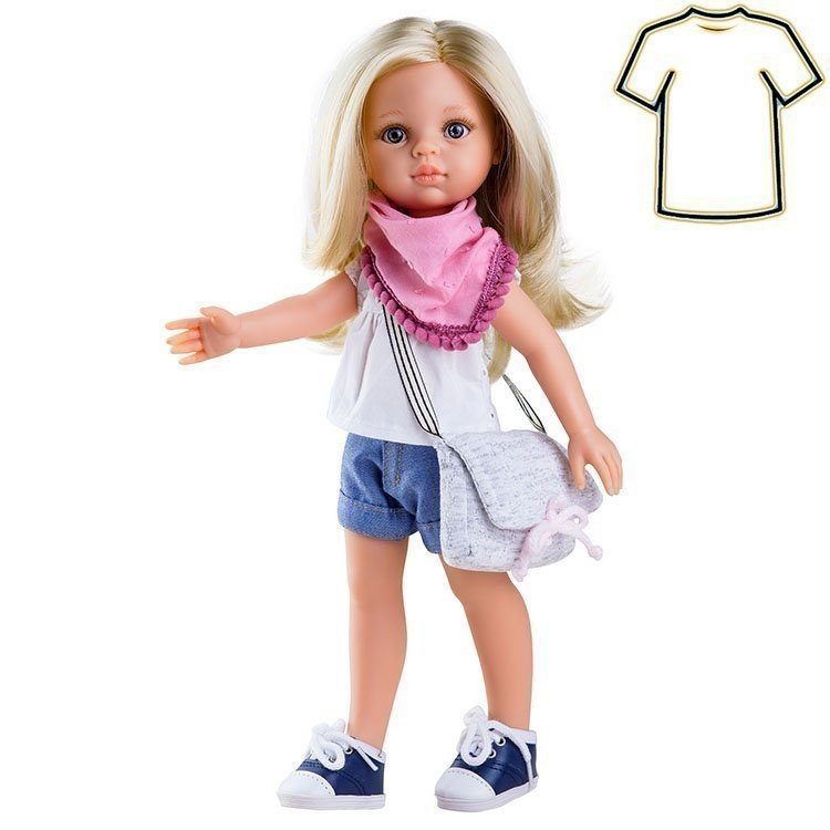 Ropa para muñecas Paola Reina 32 cm - Las Amigas - Conjunto de verano de Claudia con pañuelo rosa y bolso