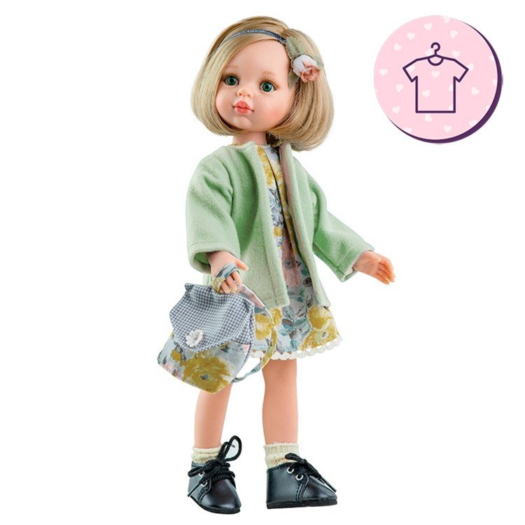 Ropa para muñecas Paola Reina 32 cm - Las Amigas - Vestido Carla con flores y abrigo verde
