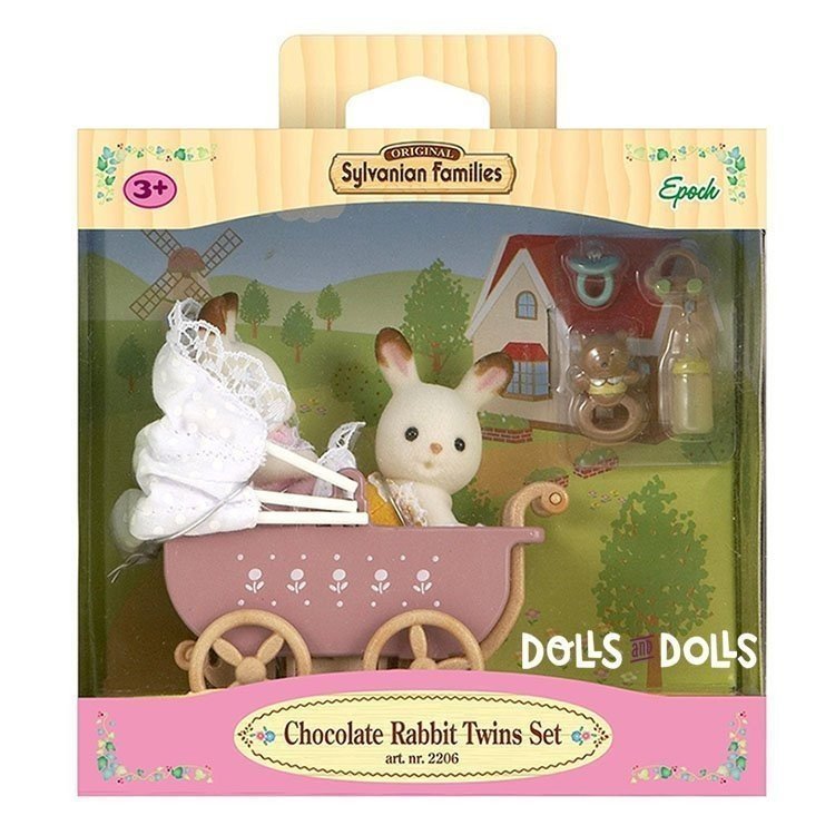 Sylvanian Families - Set Gemelos Conejos Chocolate con cochecito de paseo y accesorios