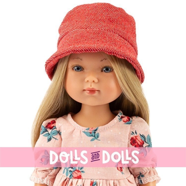 Muñeca Vestida de Azul 28 cm - Carlota con jeans rosa, vestido de flores y sombrero