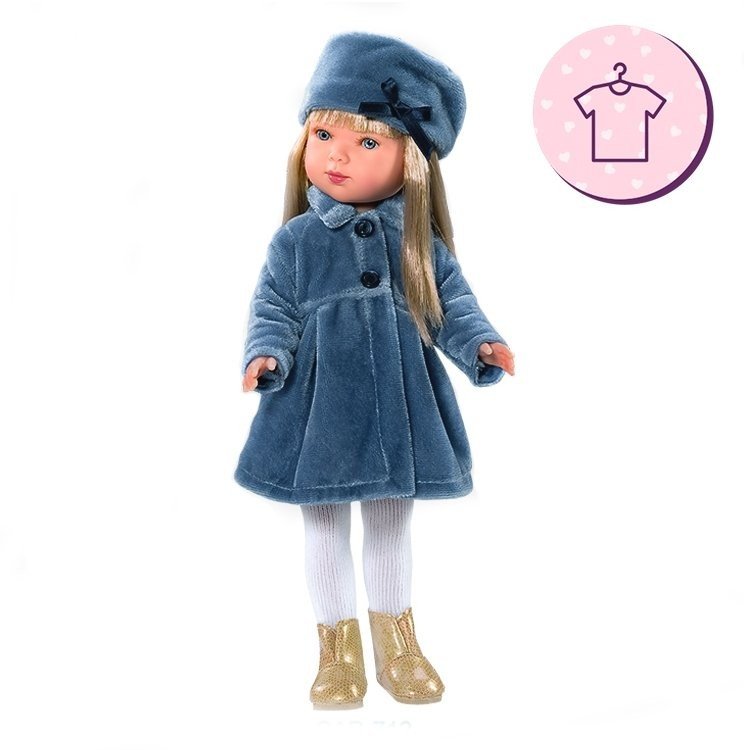 Ropa para muñecas Vestida de Azul 28 cm - Carlota - Abrigo azul con gorro y vestido rosa