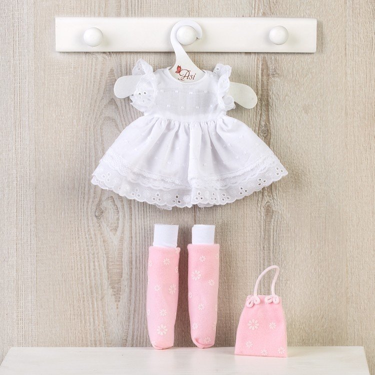 Ropa para Muñecas Así 40 cm - Vestido blanco, calentadores, botas de tela y bolso rosa para muñeca Sabrina
