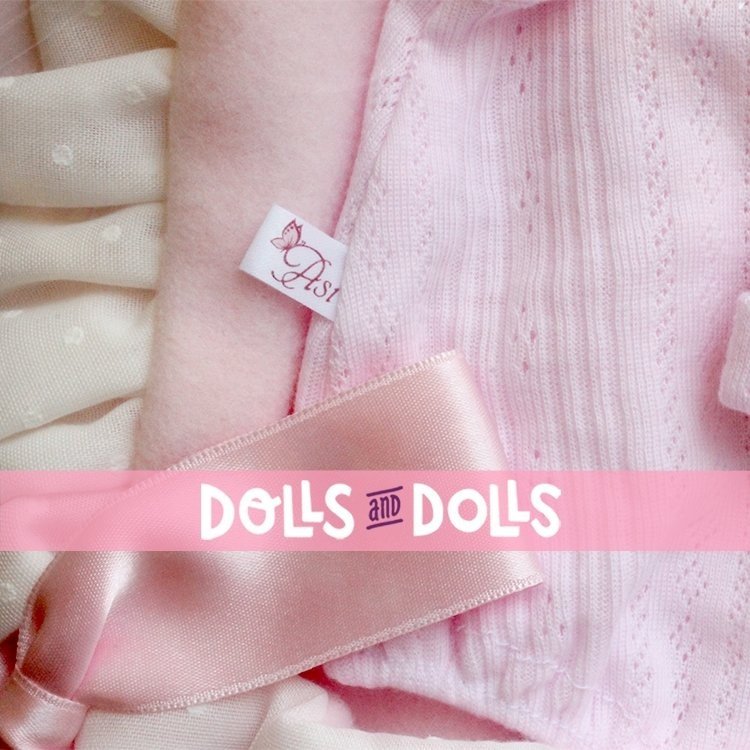 Ropa para Muñecas Así - Body rosa con gorrito y nana rosa con plumeti blanco para muñeca María 43 cm