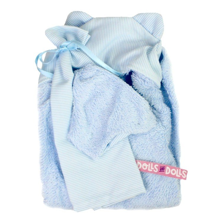Ropa para Muñecas Llorens 35 cm - Conjunto azul de toalla con capucha, sabanita y pañal