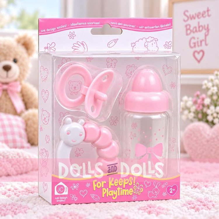 Accesorios para muñecas JC Toys - Set de biberón, sonajero y chupete ROSA