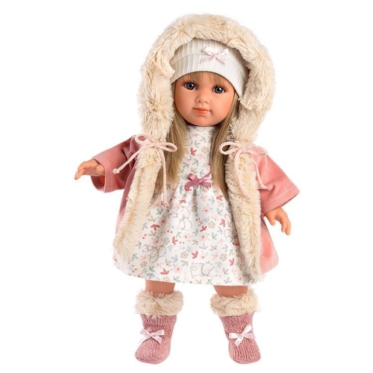 Muñeca Llorens 35 cm - Elena con vestido de flores y chaqueta con capucha