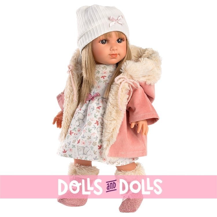 Muñeca Llorens 35 cm - Elena con vestido de flores y chaqueta con capucha
