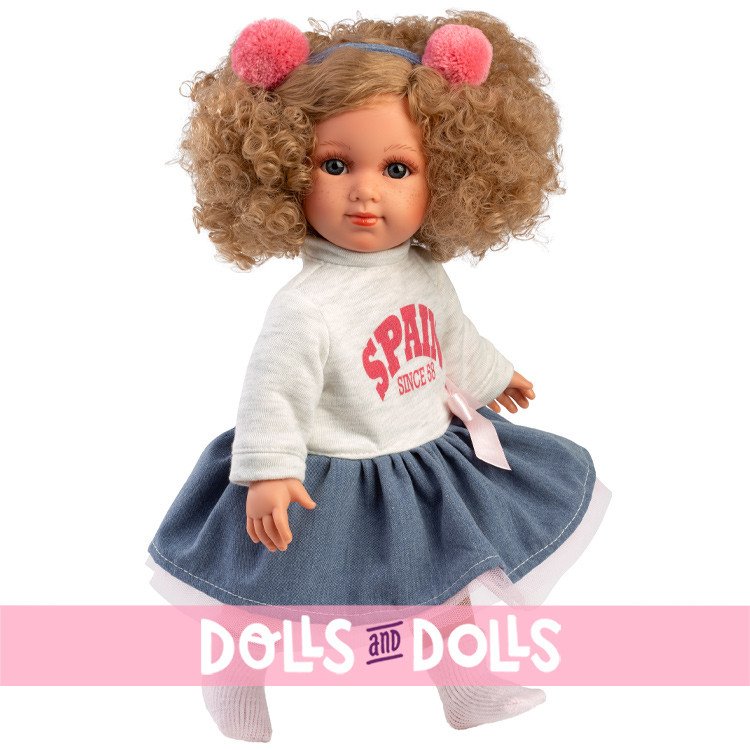 Muñeca Llorens 35 cm - Elena con camiseta blanca y falda vaquera