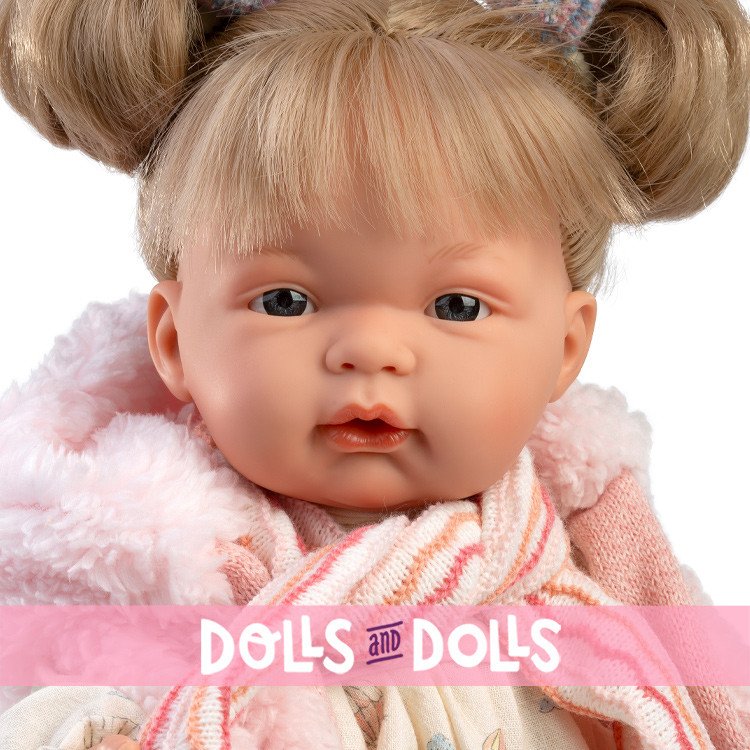 Muñeca Llorens 38 cm - Joelle Llorona con vestido de globos y bufanda multicolor