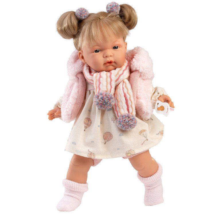 Muñeca Llorens 38 cm - Joelle Llorona con vestido de globos y bufanda multicolor