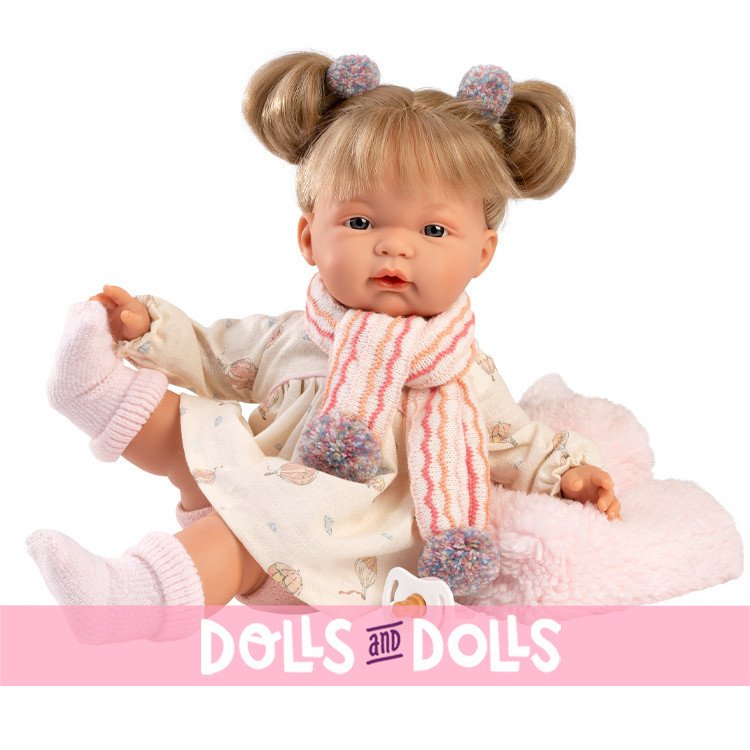 Muñeca Llorens 38 cm - Joelle Llorona con vestido de globos y bufanda multicolor