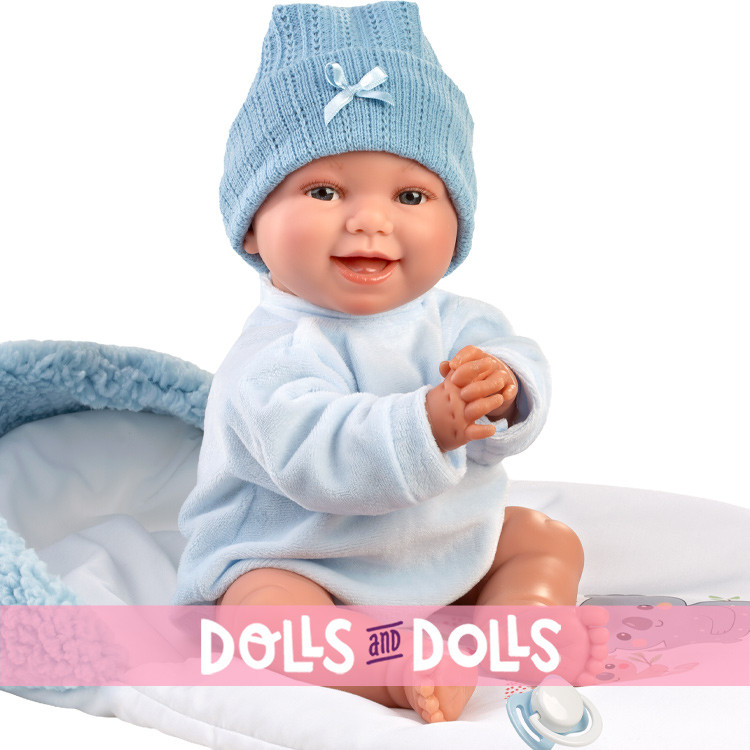 Muñeco Llorens 38 cm - Liam sonrisas con saco de dormir celeste
