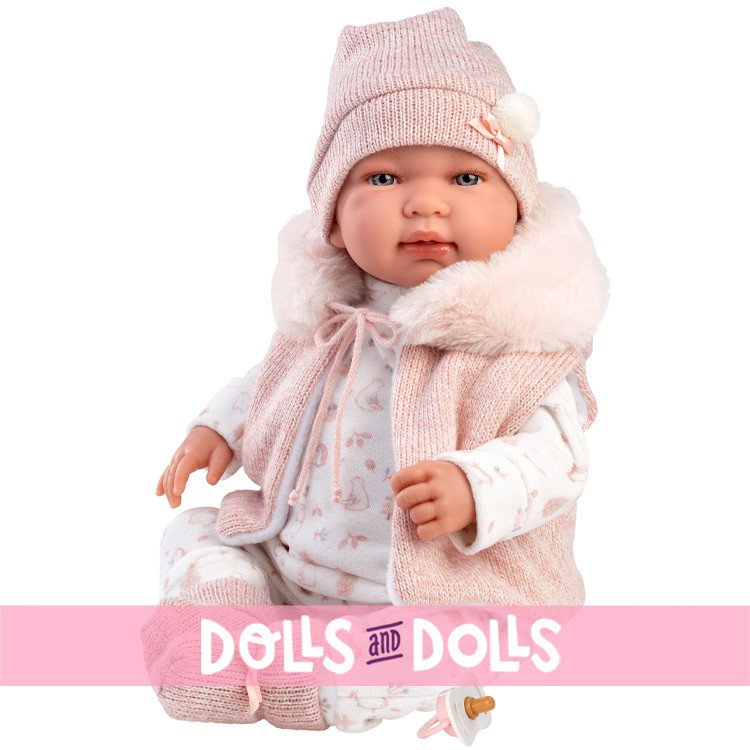 Muñeca Llorens 44 cm - Recién nacida Tina llorona con pelele rosa con capucha
