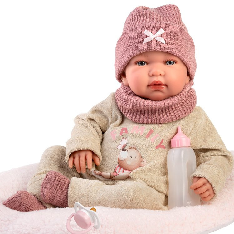 Muñeca Llorens 44 cm - Recién nacida Tina llorona con body beige con estampado de osito