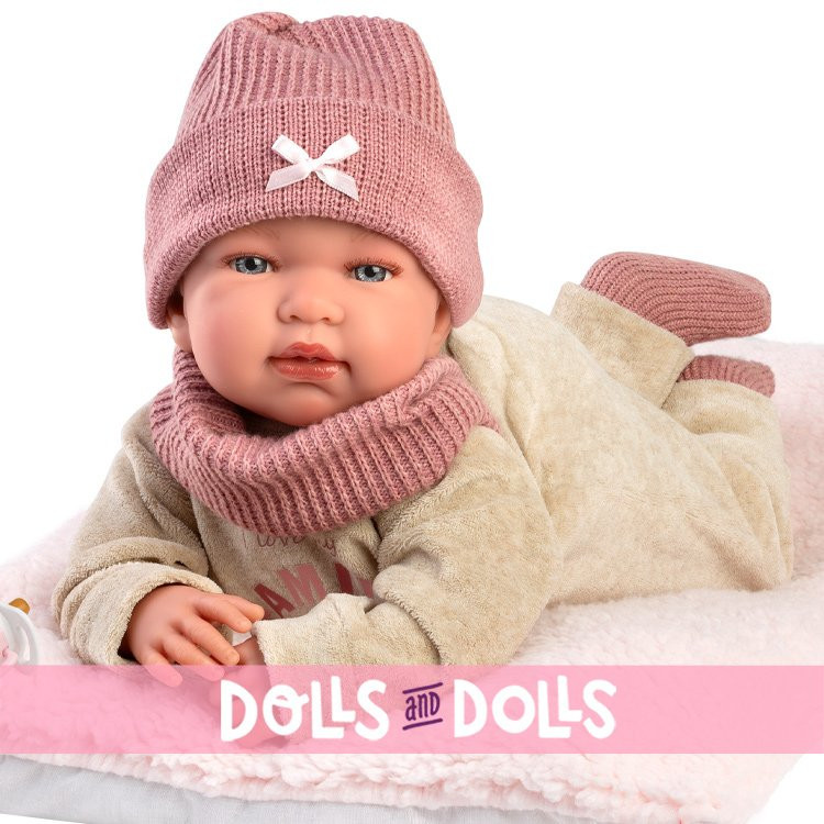 Muñeca Llorens 44 cm - Recién nacida Tina llorona con body beige con estampado de osito