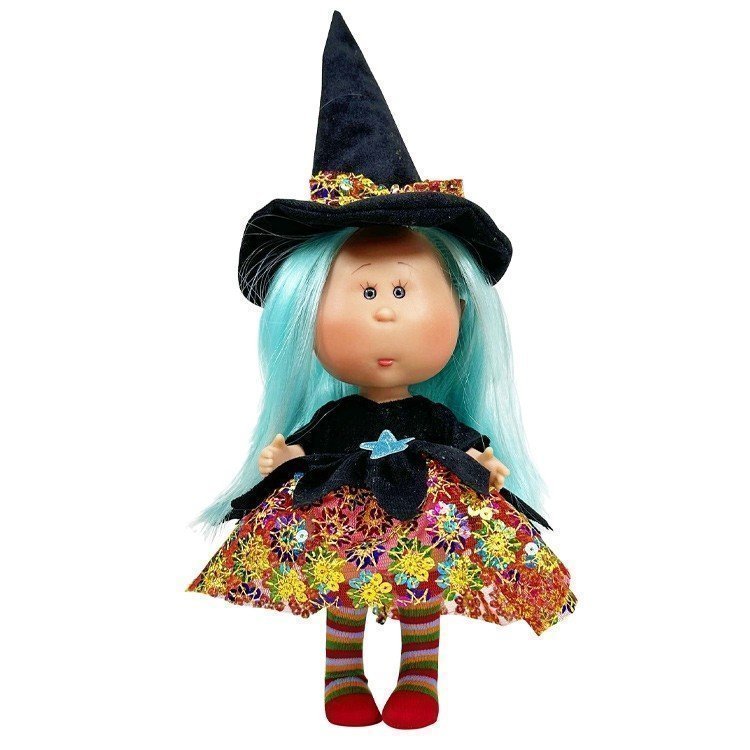 Muñeca Nines d'Onil 23 cm - Little Mia Halloween con pelo liso azul (Bruja)
