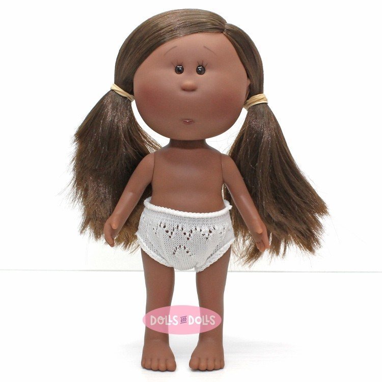 Muñeca Nines d'Onil 23 cm - Little Mia afroamericana con pelo liso moreno con coletas - Sin ropa