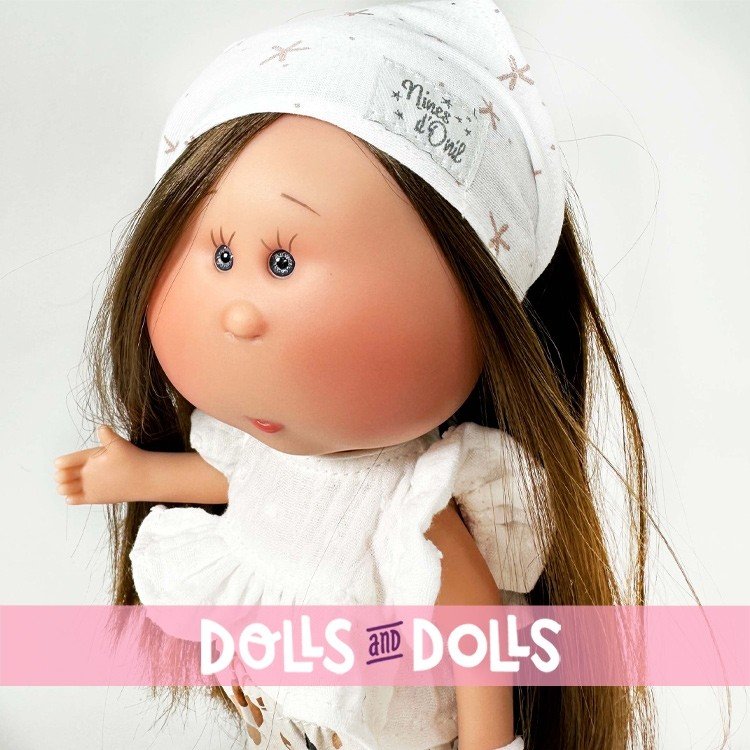 Muñeca Nines d'Onil 30 cm - Mia morena con camiseta blanca, pantalones estampados y mascota