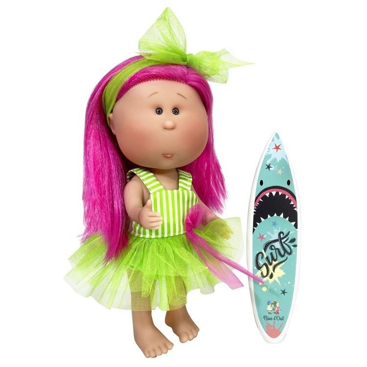 Muñeca Nines d'Onil 30 cm - Mia summer con pelo fucsia y vestido rayas-tul verde