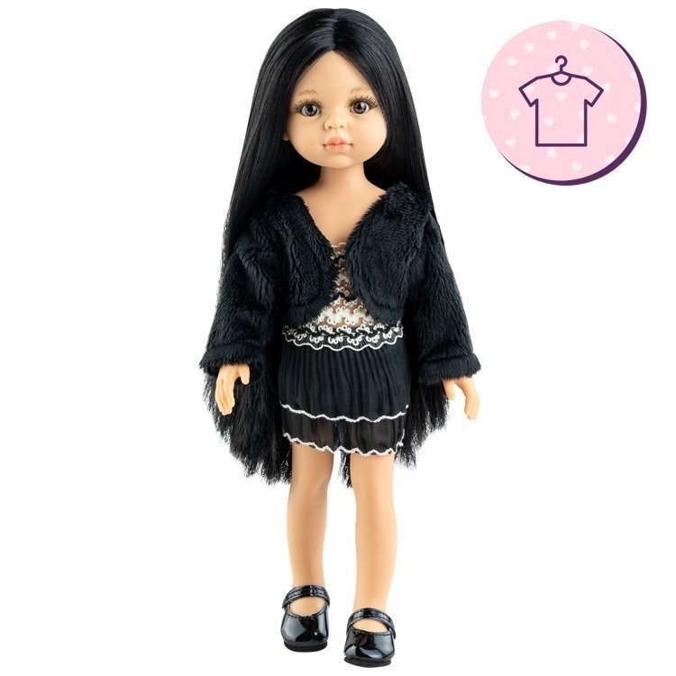 Ropa para muñecas Paola Reina 32 cm - Las Amigas - Carola - Vestido negro con cenefas y chaqueta
