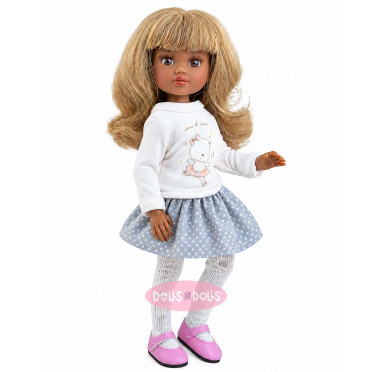 Muñeca Paola Reina 32 cm - Las Amigas Articuladas - Kim con camiseta estampada y falda verde con lunares