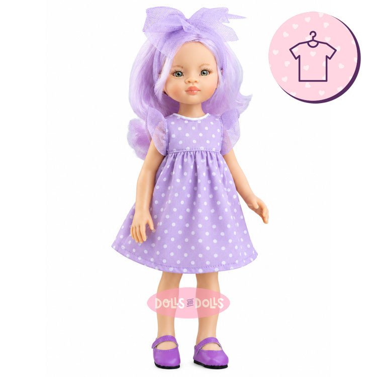 Ropa para muñecas Paola Reina 32 cm - Las Amigas - Violeta - Vestido lila y puntos blancos