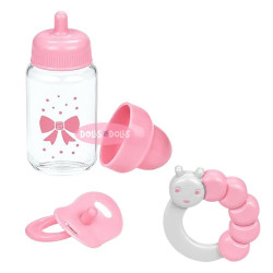 Accesorios para muñecas JC Toys - Set de biberón, sonajero y chupete ROSA