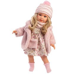Muñeca Llorens 40 cm - Lucía con vestido de flores y chaqueta de lana rosa