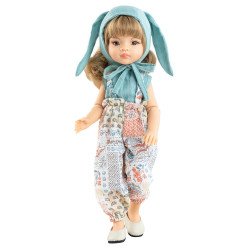 Muñeca Paola Reina 32 cm - Las Amigas Articuladas - Manica con mono estampado natural y capcucha de conejito