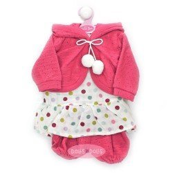 Ropa para muñecos Antonio Juan 52 cm - Colección Mi Primer Reborn - Vestido de lunares de colores con chaqueta y pantalones fucsia