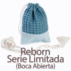 Complementos para muñecas Así Reborn y Serie Limitada (boca abierta) - Chupete y bolsa celeste con estrellas blancas
