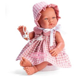Muñeca Así 43 cm - María con vestido a cuadros rosa con pololo y cuello de gasa rosa