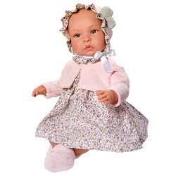 Muñeca Así 46 cm - Leo con vestido de flores grises con chaqueta rosa