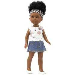 Muñeca Vestida de Azul 28 cm - Los Amigos de Carlota - Brandy con falda de jeans y camiseta con estampado de insectos
