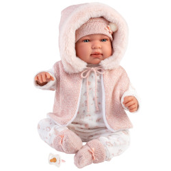 Muñeca Llorens 44 cm - Recién nacida Tina llorona con pelele rosa con capucha