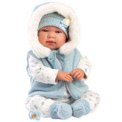Muñeco Llorens 44 cm - Recién nacido Tino llorón con pelele azul con capucha