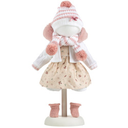 Ropa para Muñecas Llorens 38 cm - Vestido estampado beige con gorro, bufanda y chaqueta rosa