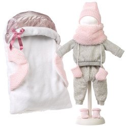 Ropa para Muñecas Llorens 42 cm - Conjunto invernal gris y rosa con portabebé