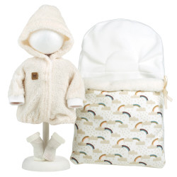 Ropa para Muñecas Llorens 42 cm - Abrigo beige con saco de dormir de arcoíris