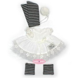 Ropa para Muñecas Nines d'Onil 30 cm - Mia - Vestido blanco y bufanda y calcetines negros a rayas