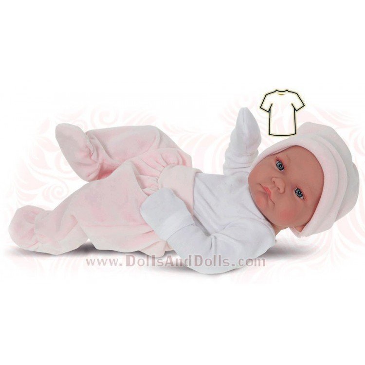 Pijama blanco y rosa con gorro y manoplas 40-42 cm