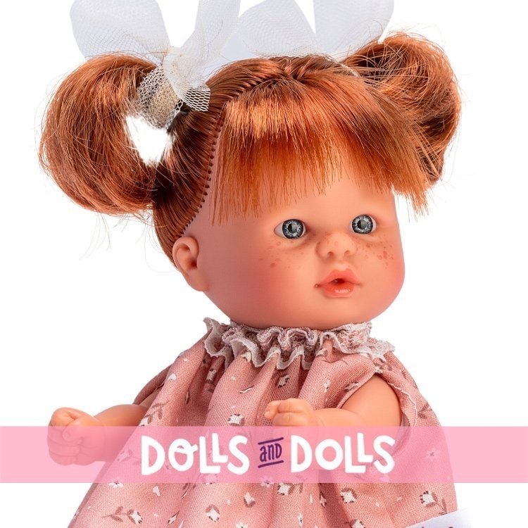 Así doll 20 cm - Bomboncín with pink flower dress with beige flower and tulle pigtail bows