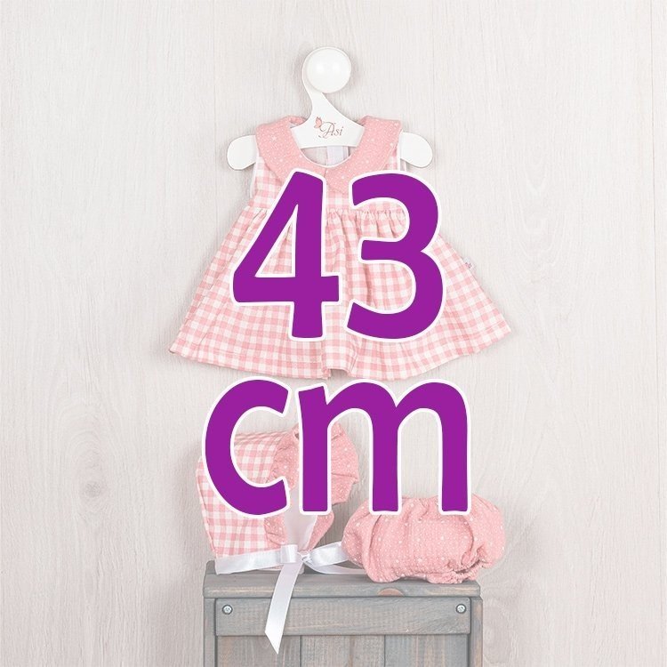 Outfit for Así doll 43 cm - Pink checkered dress with pololo and pink chiffon collar for María doll