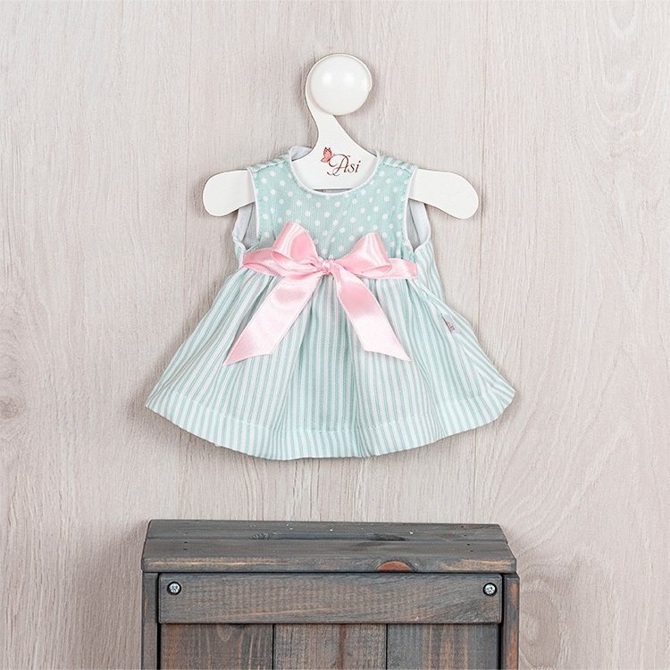 Outfit for Así doll 36 cm - Green pique dress with white stripes and pink bow for Guille doll