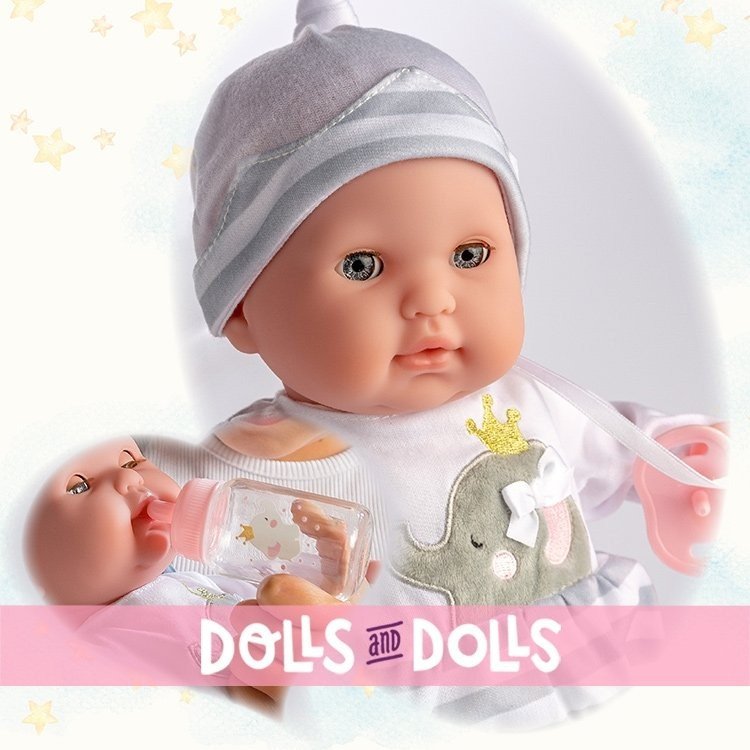 Berenguer Boutique doll 38 cm - La newborn 30036 with gray pajamas, bottle and pacifier