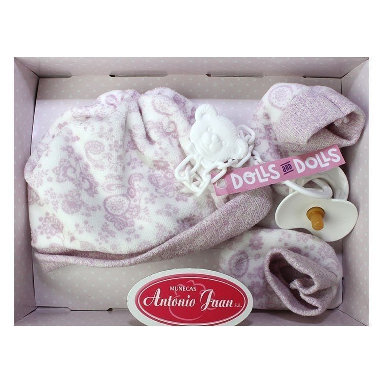 Hat and booties light lilac Set with flowers, and pacifier, 40-42 cm