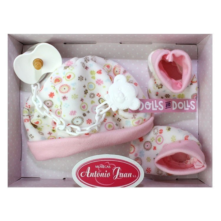 Hat and booties pink Set with circles and flowers, and pacifier, 40-42 cm