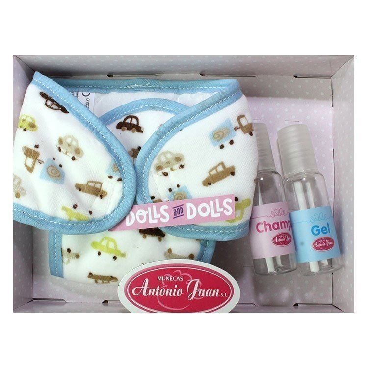 Set blue diaper with little cars, bottle for gel and bottle for shampoo, 40-42 cm